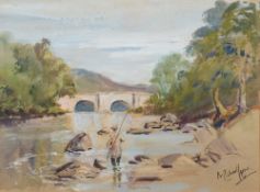 * Michael Lyne [1912-1989]- Fly fisherman at a pool beneath a stone bridge:- signed watercolour 19
