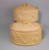 Two cane ware pie dishes and covers and one liner: of oval form one dish moulded with hung game