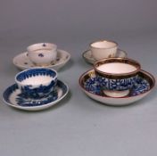 A First Period Worcester miniature teabowl and saucer together with a Caughley example and two