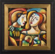 Follower of Anita Klein [20th Century]- Two Women:- indistinctly signed oil on board 48 x 48cm.