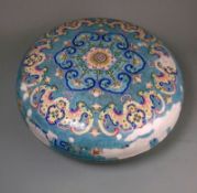 A large Canton famille rose enamel circular box and cover: decorated with bands of ruyi-head motifs,