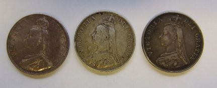 Three Victoria Jubilee double-florins: 1887, 1887 and 1890.