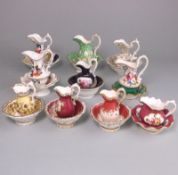 Ten English porcelain jugs and basins: of various shapes and forms, all unmarked,