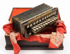 A late 19th /early 20th century mahogany inlaid and mother of pearl decorated melodium:, unsigned,