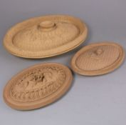 Three Wedgwood shallow cane ware pie dishes and covers: of oval form the largest consisting a dish,
