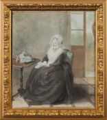 French School late 18th Century- A portrait of Madame Perdnaix:, full-length seated in an interior,