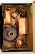 Four pieces of copper and brass dolls house furniture, together with a tray,