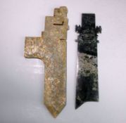 A Chinese archaic-style jade dagger and a similar hardstone dagger: the first with pierced grip and