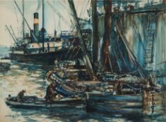 * Adrian Keith Graham Hill [1895-1977] Craft on the Thames:- signed watercolour 53 x 71cm.
