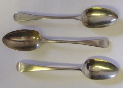 Three Georgian silver Old English pattern tablespoons, various makers and dates: initialled,