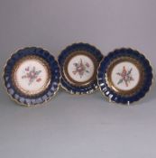Three Worcester First Period porcelain shallow dishes: of circular scalloped form,