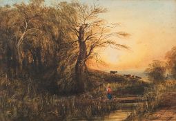 Attributed to Andrew Nicholl [1804-1886]- Figure and cattle on the edge of a wood,