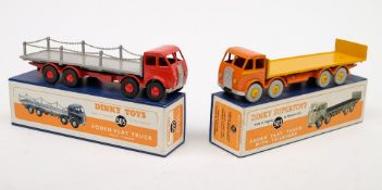 A restored/repainted Dinky 503 Foden flat truck with tailboard and a similar Dinky 505 Foden flat