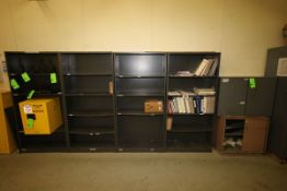 Lot of (4) Metal Bookshelves, 2-Door Mini Cabinet, and (1) Sliding Door Cabinet (NOTE: Does Not