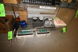 Lot of Assorted Plant Safety Lighting, Includes Exit Signs, Emergency Exit Lighting, Different Color