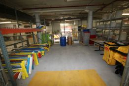 Contents of Cage with Cleaning Supplies including: Brooms, Brushes, Squeegees, Shovels, Dust Pans,