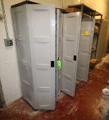 Assorted Extension Cords, Extension Light, Hose, Caution Man Sign, (2) Suncast Resin Cabinets, 3-