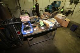 Assorted Welding Supplies including Mig Wire, Rods, Regulators, Clamps including Steel Welding Bench