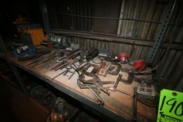 Contents of Shelf includes Double Edge Grinder, Heat Guns, Clamps, Hitachi Grinder, Mallet,