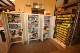 (3) Steel 2-Door Cabinets, (1) Shelving Unit and (1) Portable Cabinet with Miscellaneous Hardware