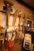 ShoveLs, Rakes, Brooms, Assorted Handles and Gas Cans