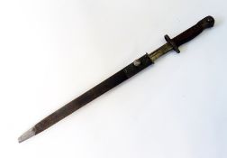 WW I model 1907 bayonet by Wilkinson, the wooden handle crudely engraved 