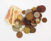 English pennies and halfpennies, modern crown, £5 coin, £2 coin,