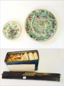 Bone and wood Mahjong set by Parker Brothers together with pair wooden tablet rests,