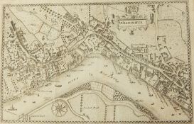 Engraving of Westminster, showing the River Thames and famous landmarks such as Kings Bridge,