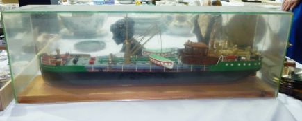 Old painted wood model of a cargo ship 