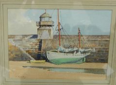 J Heseldin
Watercolour
Harbour wall and boat with rigging, 15.