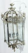 Chrome plated four-light hanging lantern of square-shaped form having glazed rectangular panels,
