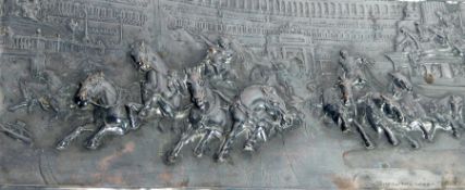 Rectangular silver plated relief plaque of chariot racing in the Colosseum,