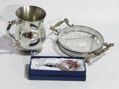Three silver plate trays, baluster shaped mug, etc.