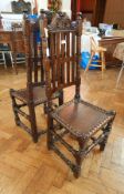 Pair 17th century oak railback dining chairs, each having scroll cresting,