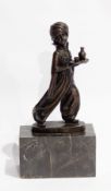 Bronze model after Preiss, Indian boy carrying tray, on rectangular marble plinth,