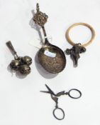 Foreign white metal serving spoon, baby's rattle with teething ring,