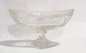 Late 19th/early 20th century cut glass oval pedestal dish, boat-shaped, on stepped rectangular base,