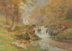 Charles James Adams (1859-1931)
Watercolour
Waterfall with mountains to back and river with rapids,