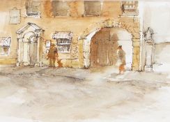Bernard Philip Batchelor (1924-2012) 
Ink and wash 
Street scene with lady, gentleman and dog,