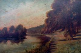 Hans Knochl (1850-1927) 
Pair oils on canvas 
River landscapes with boats, inscribed verso 