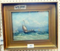 A Robins 
Oil on board 
Fishing boats off the coast, signed and dated 1881,