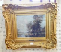 W Watt Milne (1865-1949)
Oil on canvas
Rowing boat in river with figures in landscape
Signed,