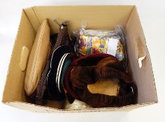 A vintage velvet cap-style hat, a maroon vintage hat, a velvet cap, various gentleman's ties,