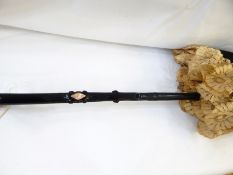 Victorian/Edwardian mother-of-pearl inlaid ebonised wood black silk and lace parasol,