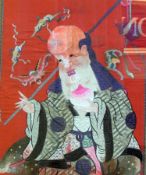 An Oriental-style embroidered picture showing a wise man riding on a deer,