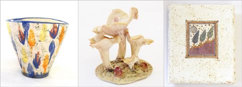 Belinda Brayshaw Studio pottery oval tapering vase, handpainted with stylised tulip design, signed,