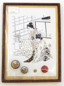 A selection of paste and painted enamel buttons set in a carved wooden frame and three Satsuma