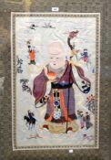 An Oriental Chinese-style embroidered picture showing a wise man holding a stick with dragon head,