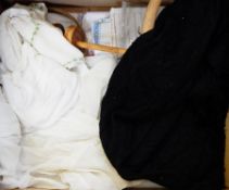 Assorted table linen, an embroidery frame with clamp, a baby gown, cotton trimmed with lace,